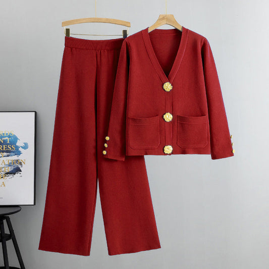 Women's two-piece set with buttoned sweater and wide-leg pants