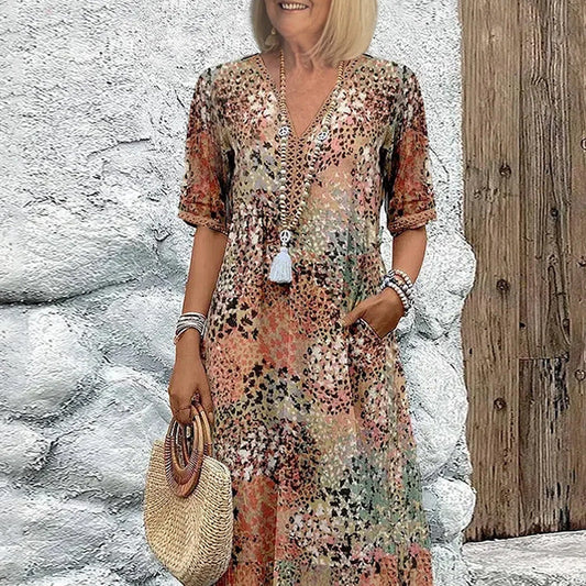 Women's Vivid Printed V-Neck Midi Dress
