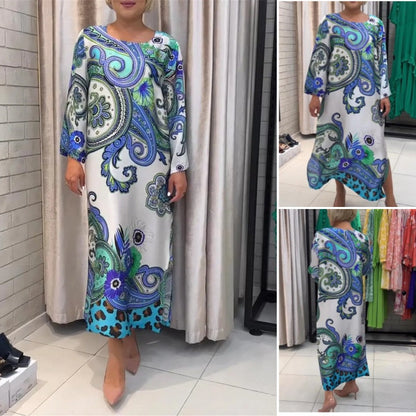 Elegant long dress with round neck and floral print