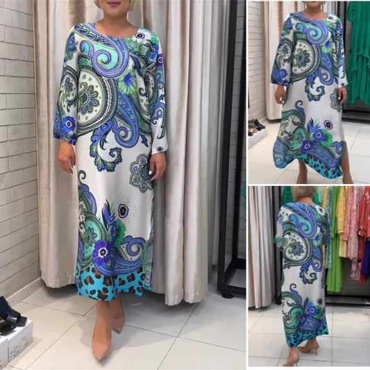 Elegant long dress with round neck and floral print
