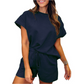🌸Spring Specials💐Women's Solid Textured Casual Short Sleeve Top Drawstring Shorts Set