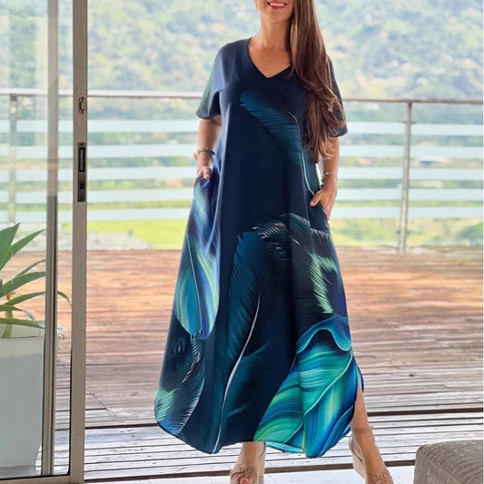 🎉Women's Loose Casual V-Neck Printed Short Sleeve Dresses