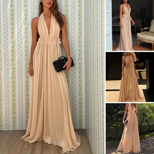 Elegant Deep V-Neck Pleated Halter Backless Maxi Dress