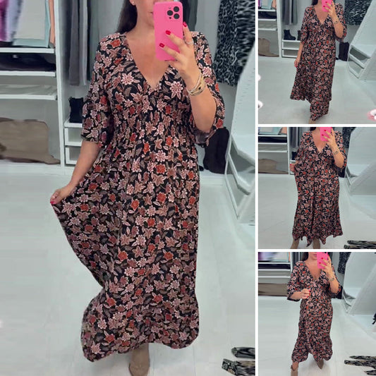 💜Time-limited Special 50%OFF⏰V-neck Printed Maxi Dress with 3/4 Sleeves