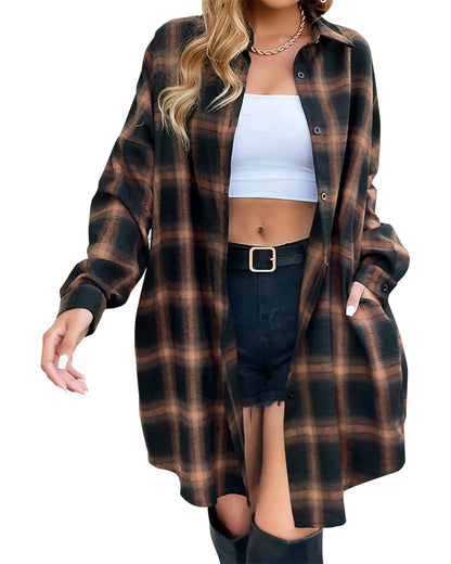 🔥2025 NEW SALES - 50% OFF🔥Women's Autumn Button Down Flannel Shirts Plaid Shacket Collared Long Jacket Coats