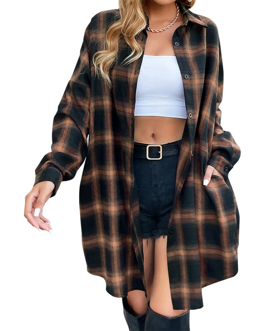 🔥2025 NEW SALES - 50% OFF🔥Women's Autumn Button Down Flannel Shirts Plaid Shacket Collared Long Jacket Coats